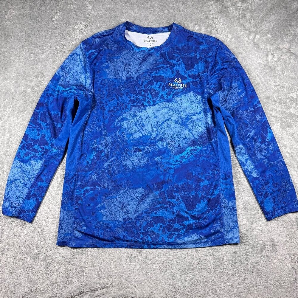 Realtree Fishing Mens T-Shirt XL Blue Camo Crewneck‎ Stretch Long Sleeve Outdoor